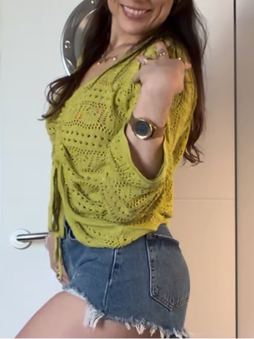 Lime Green Crochet Ruched Tie-Front Boho Top. Size S - Picture 5 of 7